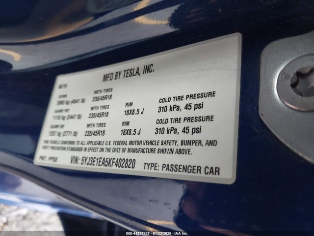 44227827 :رقم المزاد ، 5YJ3E1EA5KF402820 vin ، 2019 Tesla Model 3 Long Range/mid Range/standard Range/standard Range Plus مزاد بيع