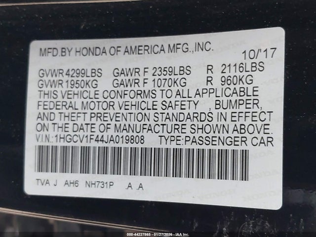 Honda ACCORD EX 2018 1HGCV1F44JA019808 Image 9