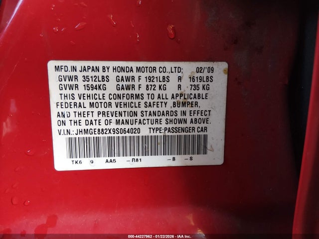 2009 HONDA FIT JHMGE882X9S064020 Photo 8