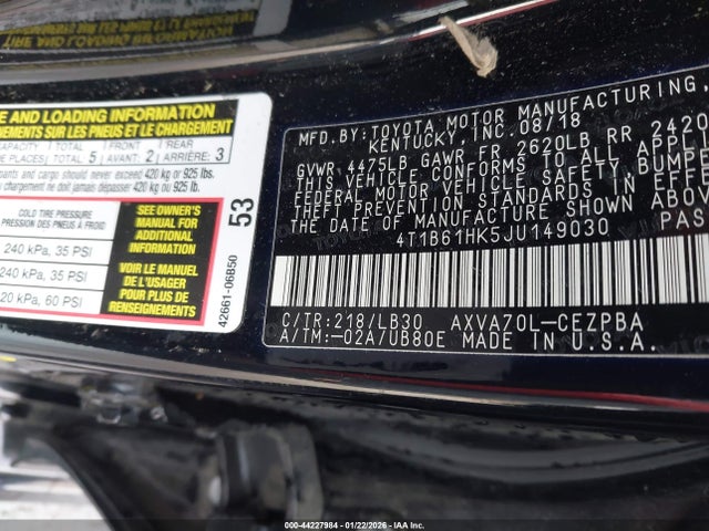 4T1B61HK5JU149030 Toyota CAMRY XSE