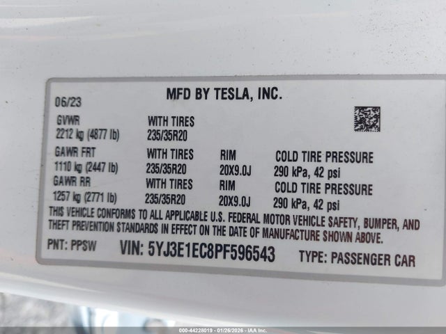 Aukcja sprzedaży 2023 Tesla Model 3 Performance Dual Motor All-wheel Drive, vin: 5YJ3E1EC8PF596543, numer aukcji: 44228019