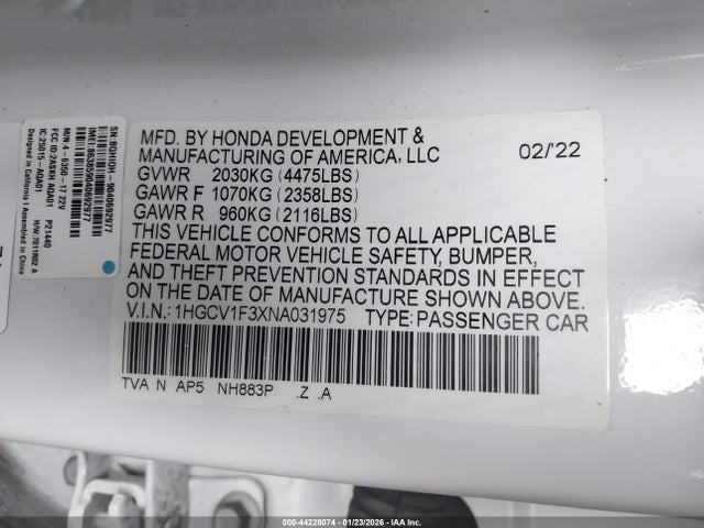 1HGCV1F3XNA031975 Honda Accord Sport