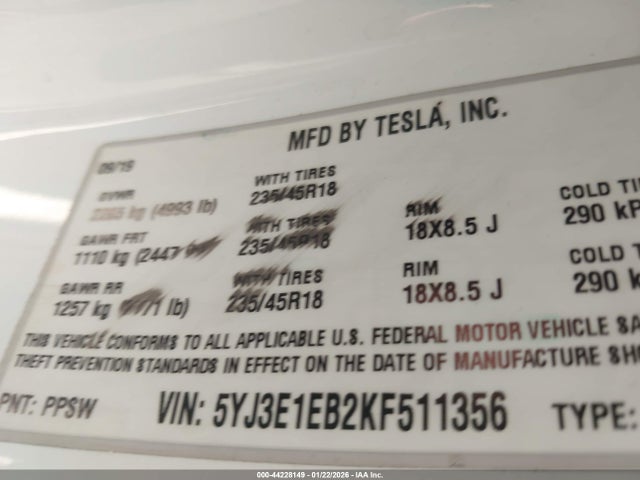 2019 TESLA MODEL 3 5YJ3E1EB2KF511356 Photo 8