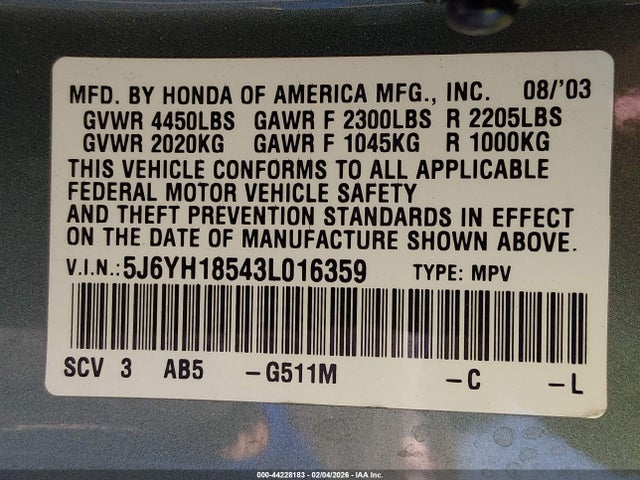 2003 HONDA ELEMENT 5J6YH18543L016359 Photo 8