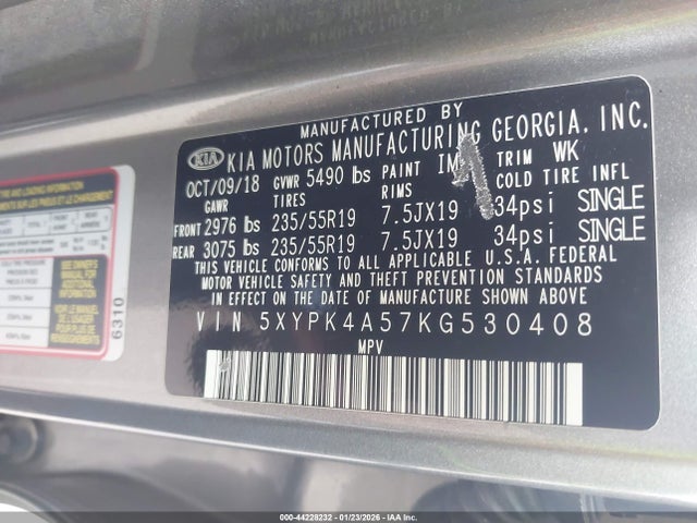 5XYPK4A57KG530408 KIA Sorento 3.3l Sxl