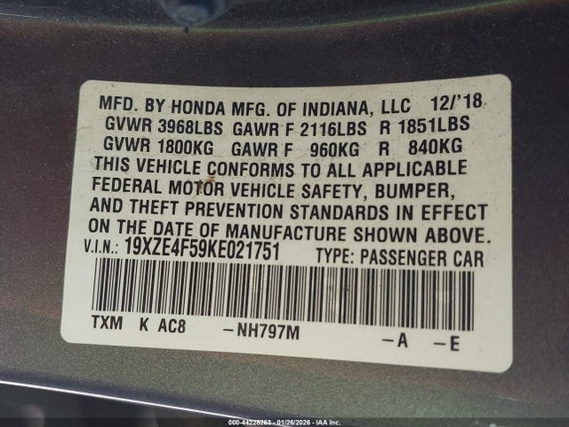 Honda INSIGHT EX 2019 19XZE4F59KE021751 Image 9