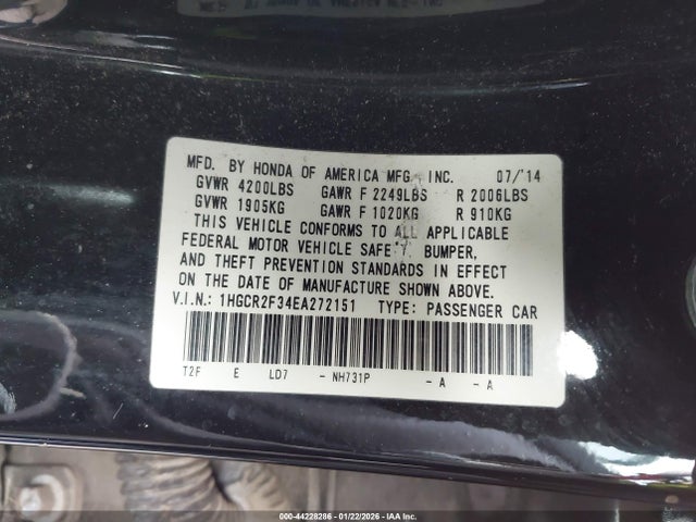Honda ACCORD LX 2014 1HGCR2F34EA272151 Image 9