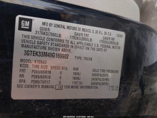 Aukcja sprzedaży 2009 Gmc Sierra 1500 Slt, vin: 3GTEK33M49G169902, numer aukcji: 44228355