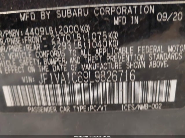 Aukcja sprzedaży 2020 Subaru Wrx Premium, vin: JF1VA1C69L9826716, numer aukcji: 44228566