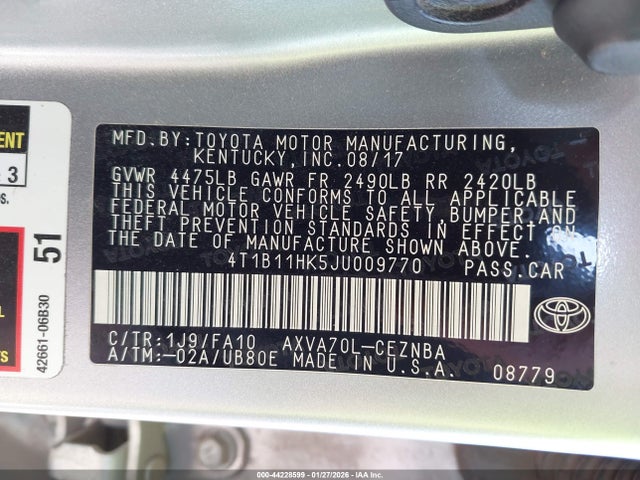 2018 Toyota Camry Le მანქანა იყიდება აუქციონზე, vin: 4T1B11HK5JU009770, აუქციონის ნომერი: 44228599