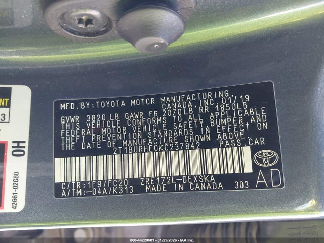 2019 TOYOTA COROLLA 2T1BURHE0KC237842 Photo 8