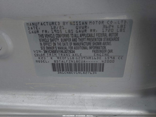 Aukcja sprzedaży 2022 Nissan Versa 1.6 Sv Xtronic Cvt, vin: 3N1CN8EV1NL827634, numer aukcji: 44228609