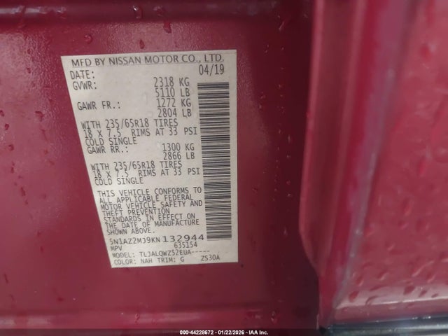 Nissan MURANO SV 2019 5N1AZ2MJ9KN132944 Image 9
