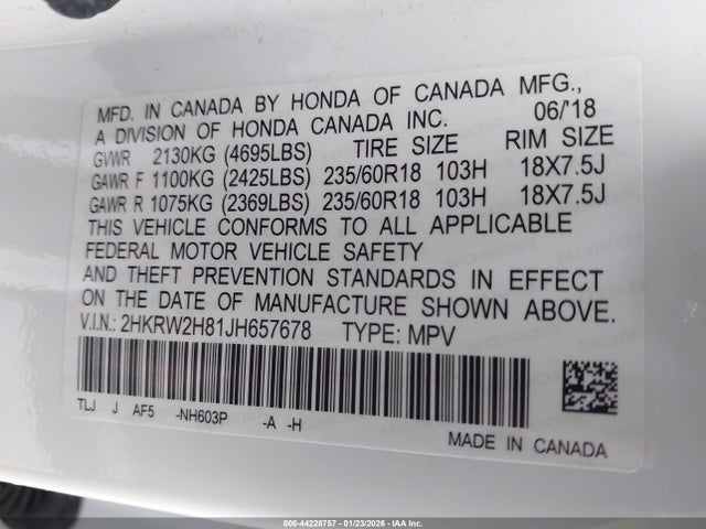 2HKRW2H81JH657678 Honda Cr-v Ex-l/ex-l Navi