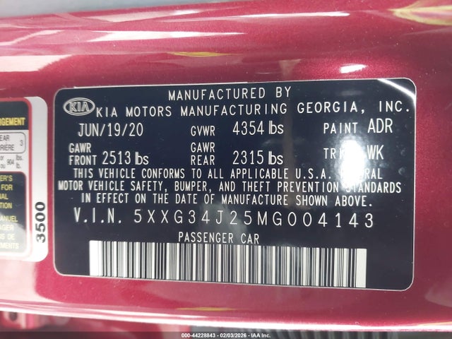44228843 :رقم المزاد ، 5XXG34J25MG004143 vin ، 2021 Kia K5 Ex مزاد بيع