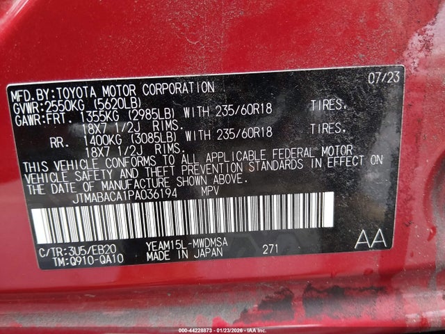 2023 Toyota Bz4x Xle მანქანა იყიდება აუქციონზე, vin: JTMABACA1PA036194, აუქციონის ნომერი: 44228873