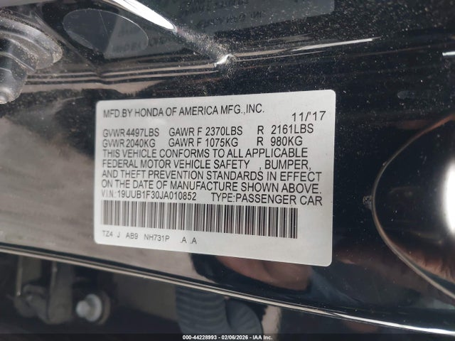 2018 Acura Tlx მანქანა იყიდება აუქციონზე, vin: 19UUB1F30JA010852, აუქციონის ნომერი: 44228993