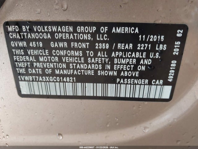 Aukcja sprzedaży 2016 Volkswagen Passat 1.8t Se, vin: 1VWBT7A3XGC014821, numer aukcji: 44229007