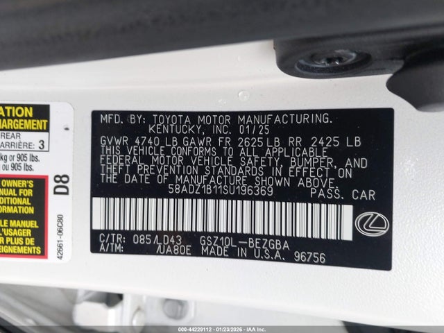Aukcja sprzedaży 2025 Lexus Es 350, vin: 58ADZ1B11SU196369, numer aukcji: 44229112