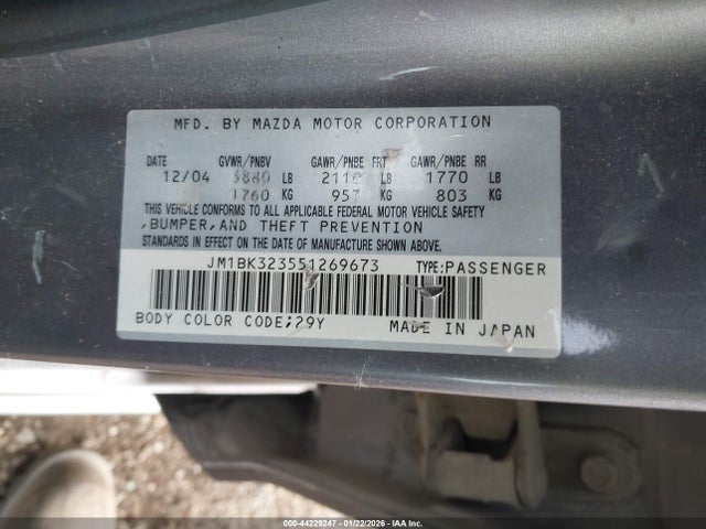 44229247 :رقم المزاد ، JM1BK323551269673 vin ، 2005 Mazda Mazda3 S مزاد بيع