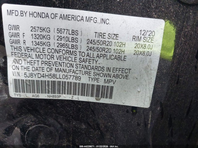 Aukcja sprzedaży 2020 Acura Mdx Technology Package, vin: 5J8YD4H58LL057789, numer aukcji: 44229571