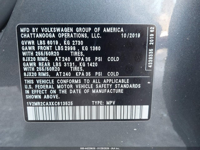 2019 VOLKSWAGEN ATLAS 1V2MR2CAXKC613525 Photo 8