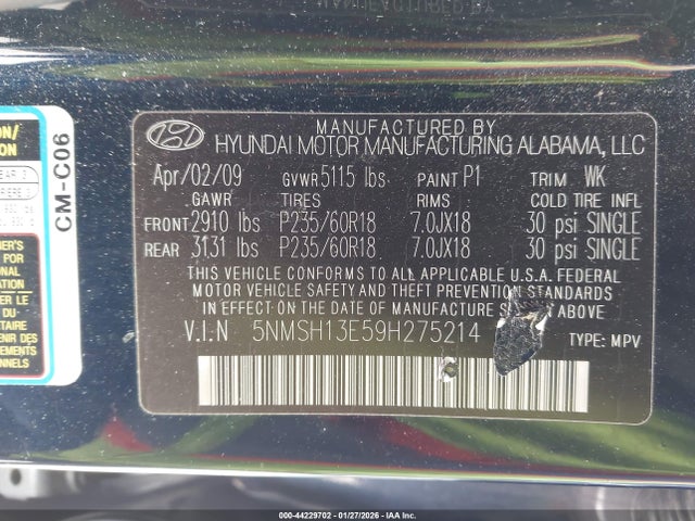 2009 HYUNDAI SANTA FE 5NMSH13E59H275214 Photo 8