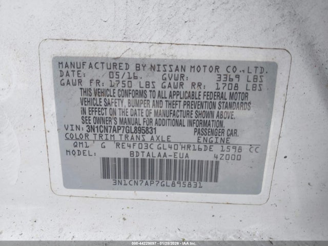 3N1CN7AP7GL895831 Nissan Versa 1.6 S