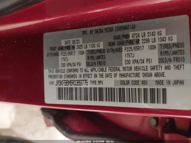 44229949 :رقم المزاد ، JM3KFBBM6R0369775 vin ، 2024 Mazda Cx-5 2.5 S Select مزاد بيع