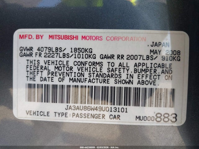 2009 MITSUBISHI LANCER JA3AU86W49U013101 Photo 8