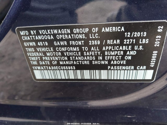 2014 Volkswagen Passat 1.8t S მანქანა იყიდება აუქციონზე, vin: 1VWAT7A30EC055953, აუქციონის ნომერი: 44230142