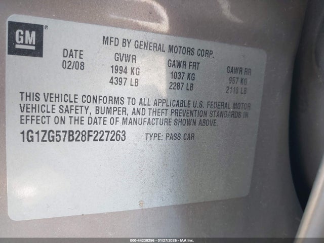 2008 Chevrolet Malibu Ls მანქანა იყიდება აუქციონზე, vin: 1G1ZG57B28F227263, აუქციონის ნომერი: 44230256