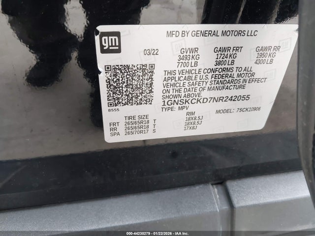 Продажа на аукционе авто 2022 Chevrolet Suburban 4wd Lt, vin: 1GNSKCKD7NR242055, номер лота: 44230279