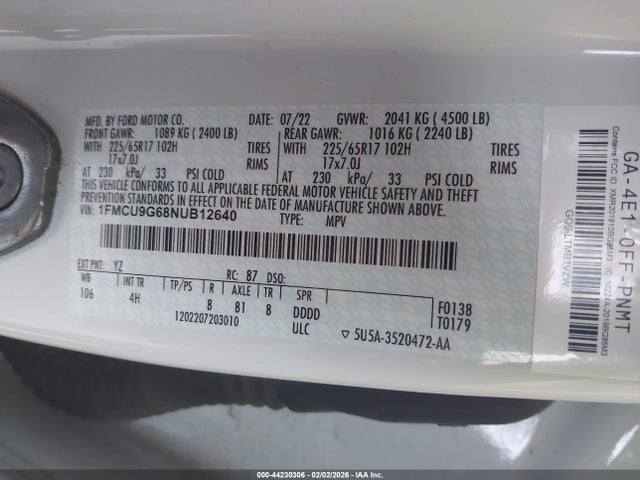 Продаж на аукціоні авто 2022 Ford Escape Se, vin: 1FMCU9G68NUB12640, номер лоту: 44230306