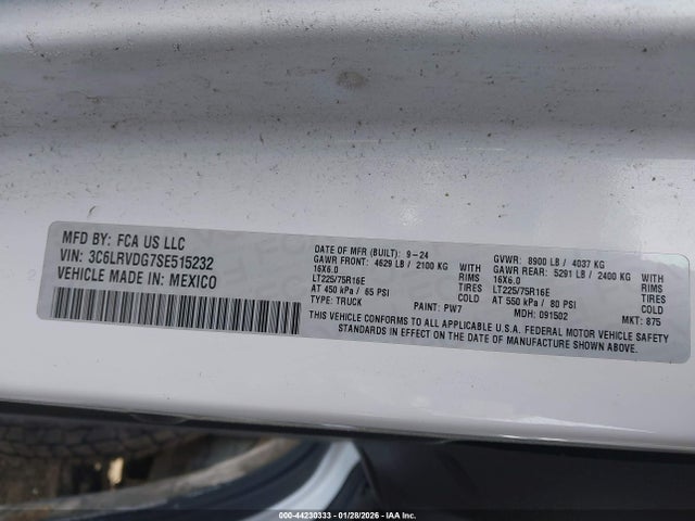 3C6LRVDG7SE515232 RAM Promaster 2500 Tradesman High Roof 159 Wb W/pass Seat