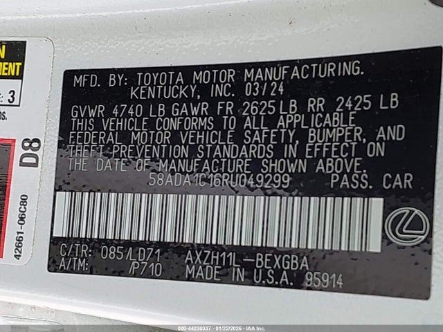 Aukcja sprzedaży 2024 Lexus Es 300h, vin: 58ADA1C16RU049299, numer aukcji: 44230337