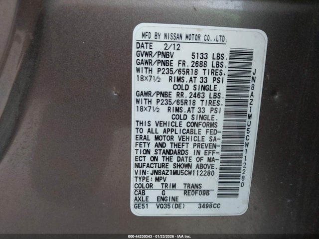 Aukcja sprzedaży 2012 Nissan Murano S, vin: JN8AZ1MU5CW112280, numer aukcji: 44230343