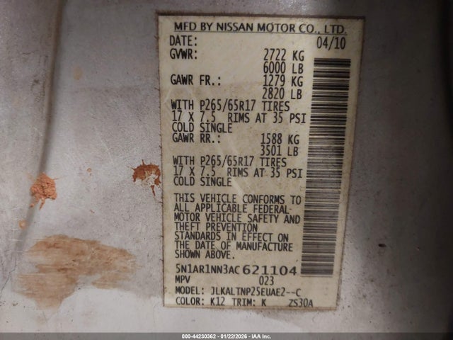 2010 NISSAN PATHFINDER 5N1AR1NN3AC621104 Photo 8