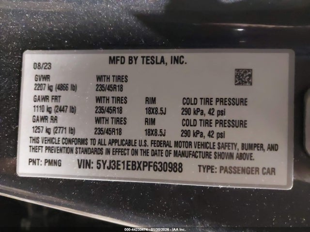 Продажа на аукционе авто 2023 Tesla Model 3 Long Range Dual Motor All-wheel Drive, vin: 5YJ3E1EBXPF630988, номер лота: 44230474