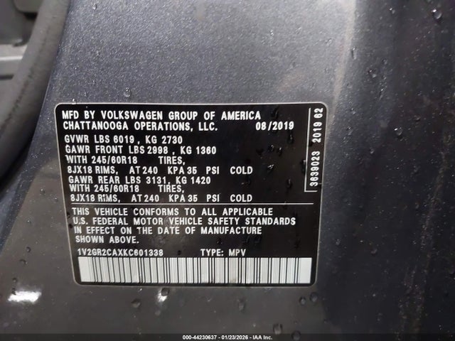 2019 VOLKSWAGEN ATLAS 1V2GR2CAXKC601338 Photo 8