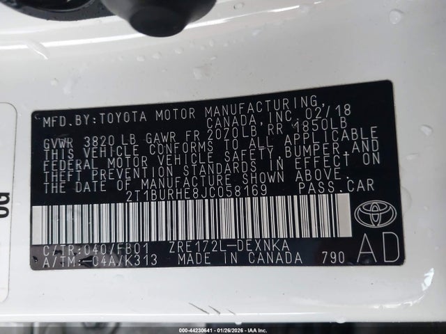 2T1BURHE8JC058169 Toyota COROLLA LE