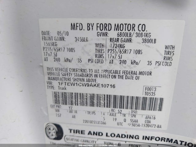 Aukcja sprzedaży 2010 Ford F-150 Xl, vin: 1FTEW1CW9AKE10716, numer aukcji: 44230642