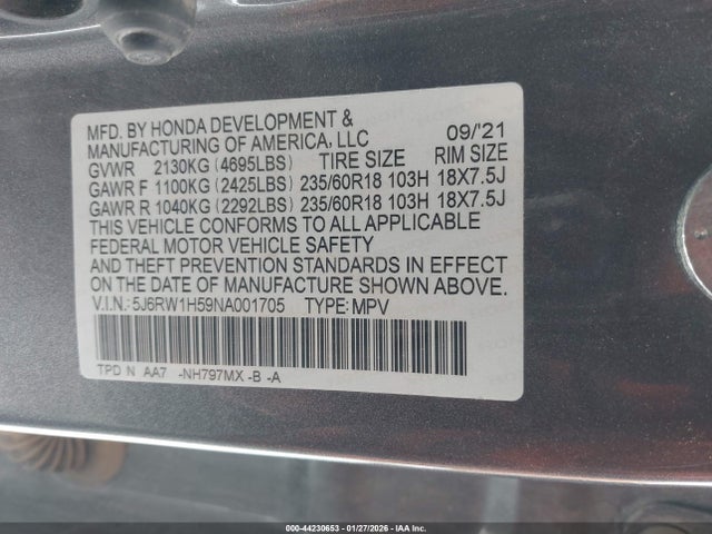 5J6RW1H59NA001705 Honda Cr-v 2wd Ex