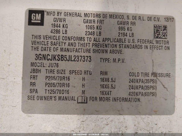 Auction sale of the 2018 Chevrolet Trax Ls, vin: 3GNCJKSB5JL237373, lot number: 44230660