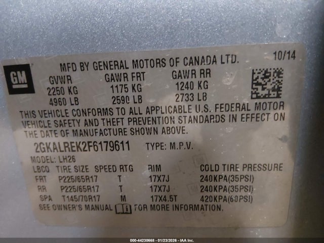 44230668 :رقم المزاد ، 2GKALREK2F6179611 vin ، 2015 Gmc Terrain Sle-2 مزاد بيع