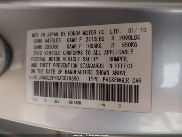 44230719 :رقم المزاد ، JH4CU2F6XAC019890 vin ، 2010 Acura Tsx 2.4 مزاد بيع