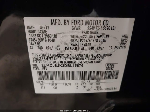 Aukcja sprzedaży 2013 Lincoln Mkx, vin: 2LMDJ8JK3DBL15876, numer aukcji: 44230736