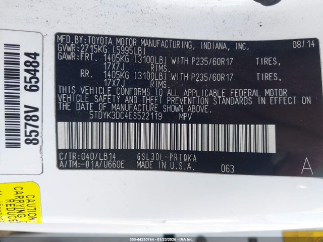44230764 :رقم المزاد ، 5TDYK3DC4ES522119 vin ، 2014 Toyota Sienna Xle V6 8 Passenger مزاد بيع