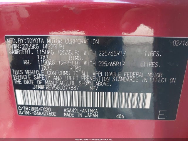 JTMWFREV5GJ077887 Toyota Rav4 Xle