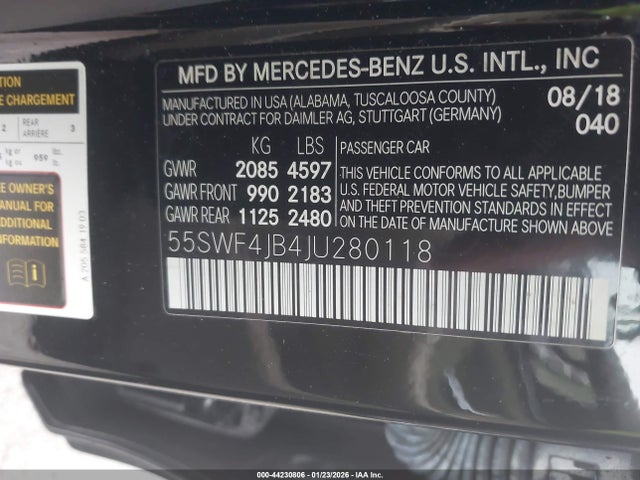 Aukcja sprzedaży 2018 Mercedes-benz C 300, vin: 55SWF4JB4JU280118, numer aukcji: 44230806